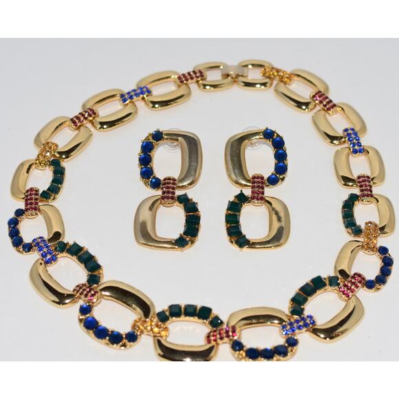 SCASSI Runway Haute Couture Rhinestone Gold Link Statement Necklace+Earring Set - Picture 4 of 7